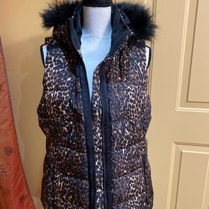 Women’s Calvin Klein Performance Vest - leopard print + removable faux fur hood!